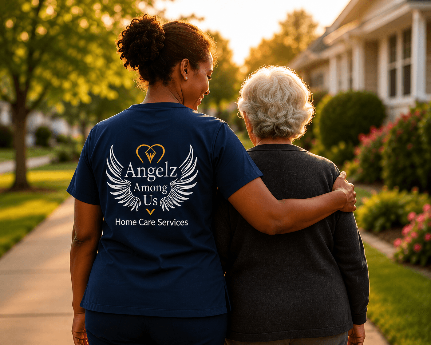 Caregiver assisting senior client outdoors